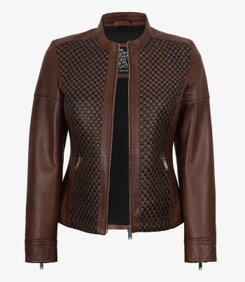 women cognac waxed leather jacket