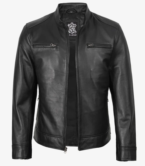 Dodge Black Mens Leather Racer Jacket