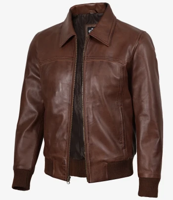 Fitted brown leather bomber jacket men
