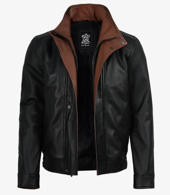 Mens black leather jacket cognac collar