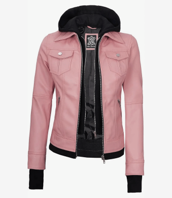 women pink leather jacket with hood