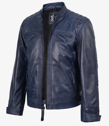 men blue leather jacket