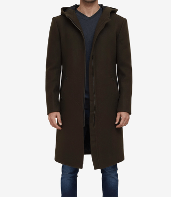 Mens warm olive green wool coat with hood