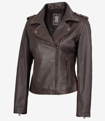 women distressed brown moto leather jacket