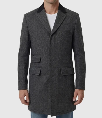 Mens Single Breasted Grey Herringbone Wool Coat