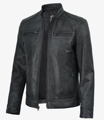 mens black washed leather biker jacket