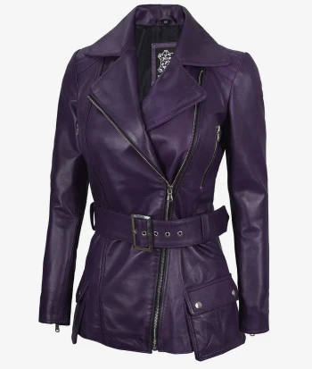 purple belted moto leather jacket