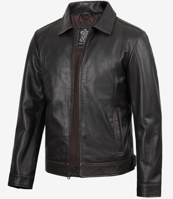 Men's Shirt Collar Distressed Brown Leather Jacket