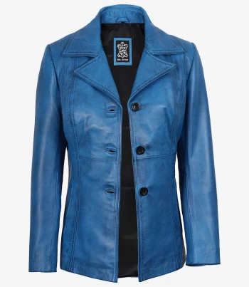 women three button blue leather blazer