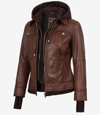 women cognac leather bomber jacket with hood