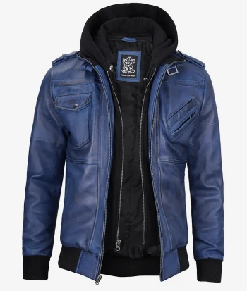Mens Blue Bomber Leather Jacket With Hood