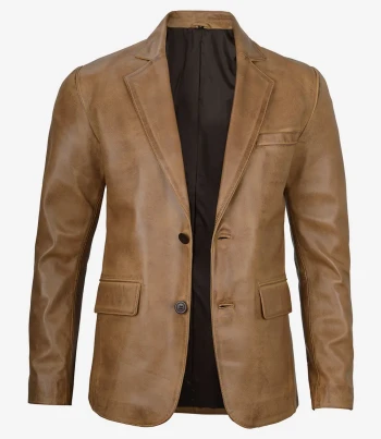 mens two button camel leather blazer