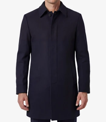 Mens Single Breasted Navy Blue Wool Coat