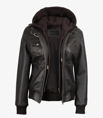 Brown Hooded Bomber Leather Jacket
