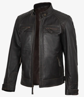 men distressed brown leather jacket