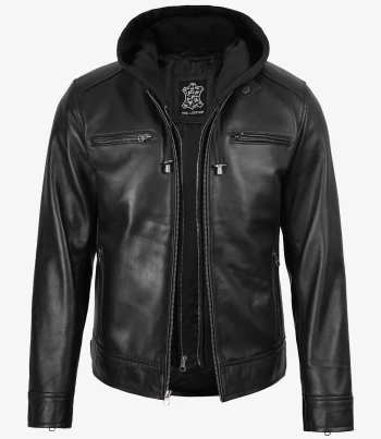 Mens real leather jacket with hood