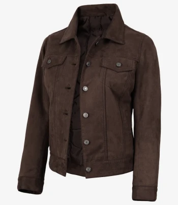 womens dark brown faux suede trucker jacket