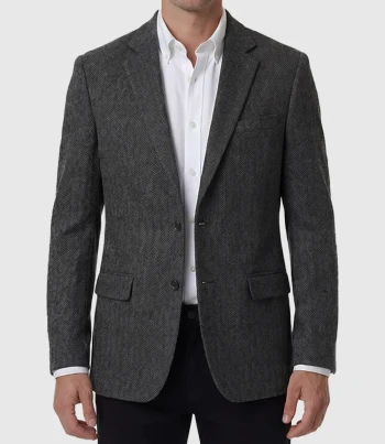 Mens Grey Herringbone Wool Blend Blazer
