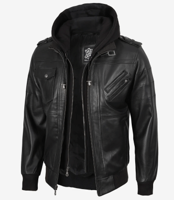 men black leather jacket with hood