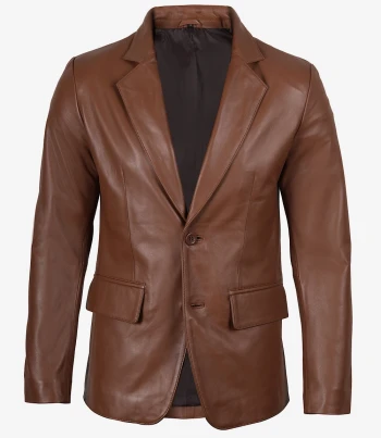 men two button cognac leather blazer