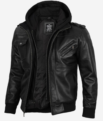 black leather bomber jacket with hood