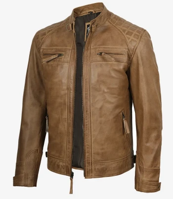 Camel Brown Quilted Leather Jacket Men