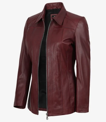 women maroon leather coat