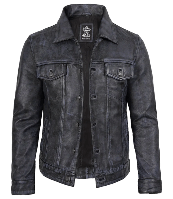 Black washed leather trucker jacket men