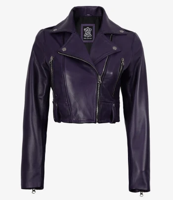 Purple cropped leather biker jacket