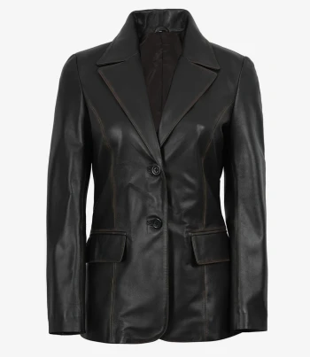women rub off brown leather blazer