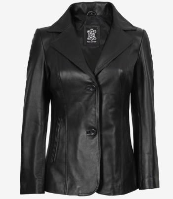 women 2 button black leather blazer