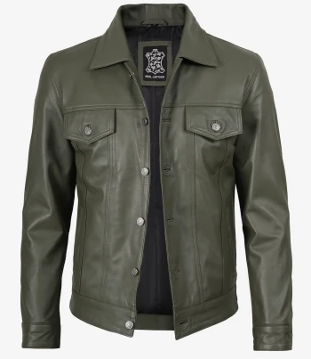 men olive green trucker leather jacket