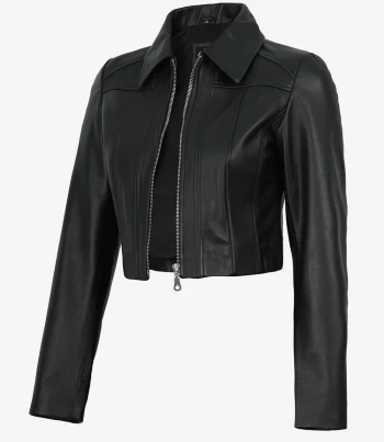 Cropped black leather fashion jacket