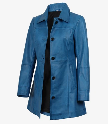 women blue leather coat