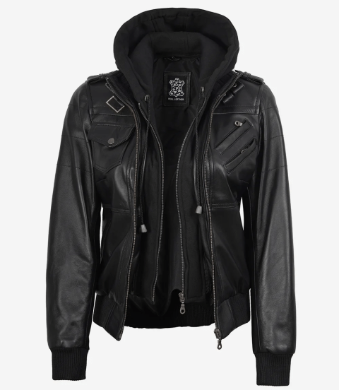 Mens Bomber Black Leather Jacket with...