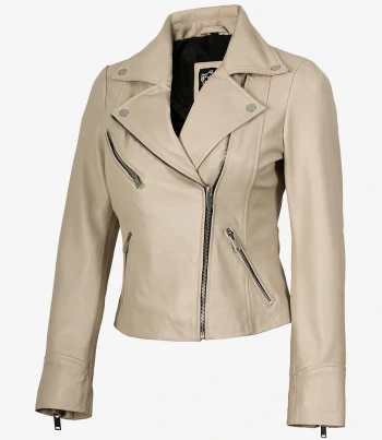 Womens beige leather biker jacket