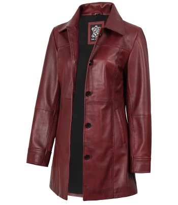 women burgundy leather coat