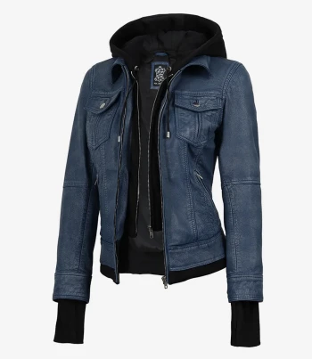 Womens blue hooded leather jacket