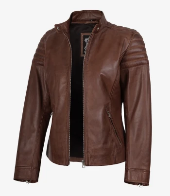 women cognac biker leather jacket