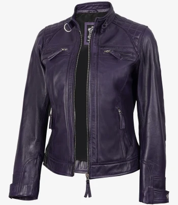 women purple leather biker jacket