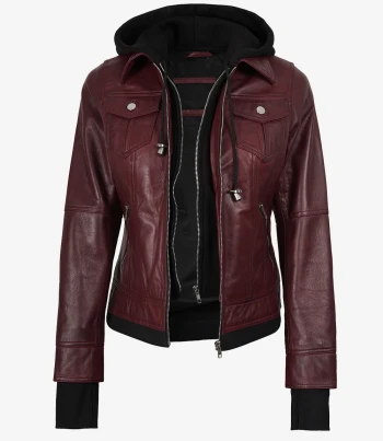 women maroon bomber leather jacket