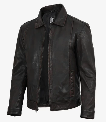 Black Washed Shirt Collar Front Zip Men Stylish Pebbled Leather Jacket