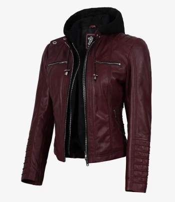 Maroon hooded leather jacket