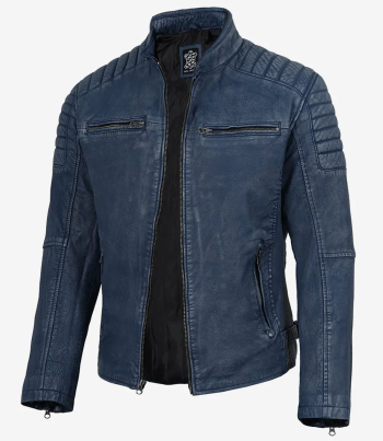 mens blue washed leather biker  jacket