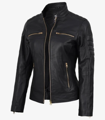 womens matte black leather cafe racer jacket