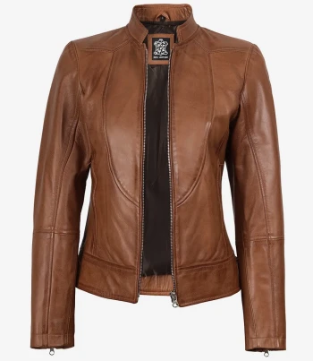 women tan leather jacket