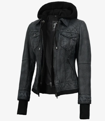 Womens washed black hooded jacket