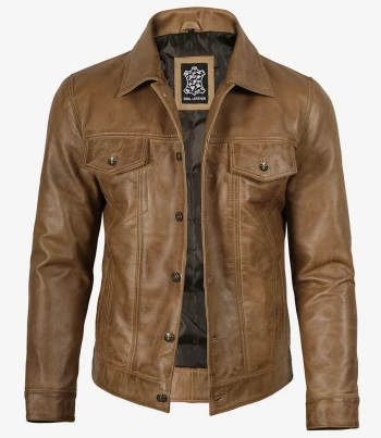 men camel brown leather jacket