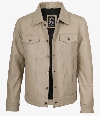 men beige trucker leather jacket