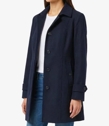 Single Breasted Navy Blue Wool Coat Women